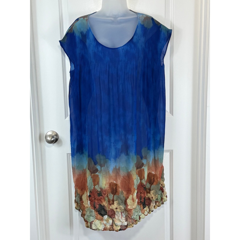 Jerry T Women's Blue Tie Dye Pleated Sheer Swim Cover Up Size M Swimwear Blue‎